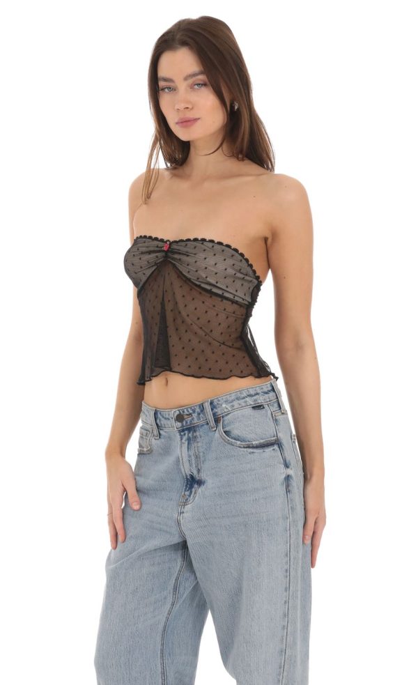 Dotted Strapless Babydoll Top in Black - Image 3