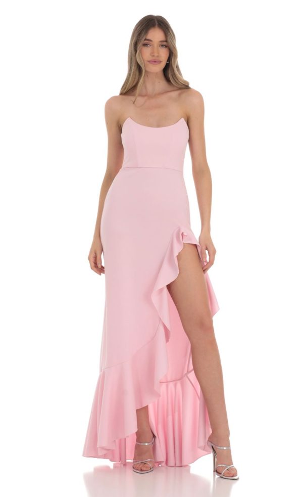 Ruffle Slit Strapless Corset Maxi Dress in Pink