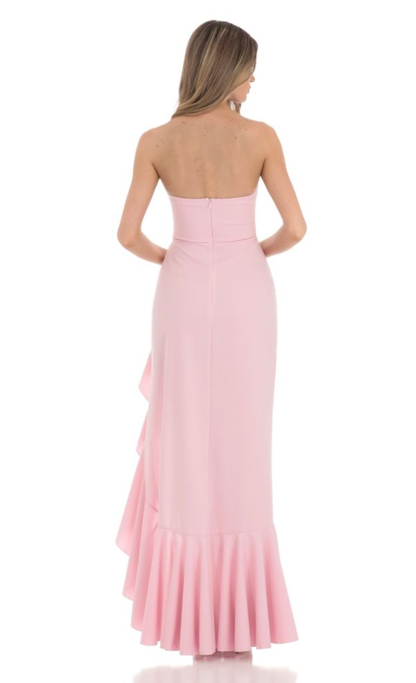 Ruffle Slit Strapless Corset Maxi Dress in Pink - Image 2