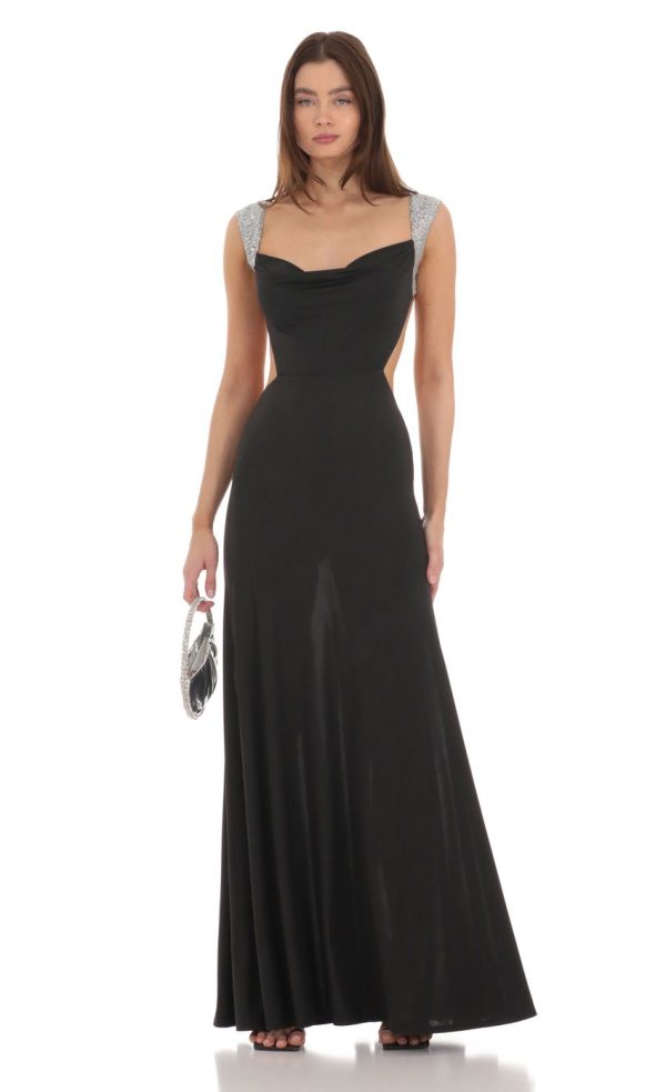 Silver Sequin Open Back Cowl Neck Dress in Black - Image 2