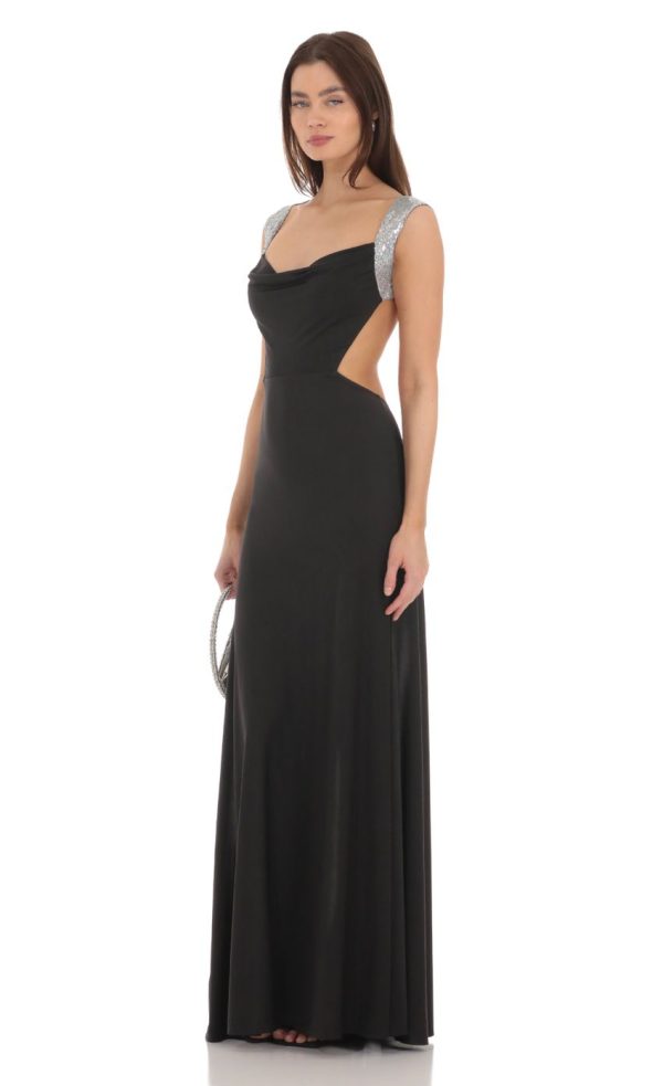 Silver Sequin Open Back Cowl Neck Dress in Black - Image 3