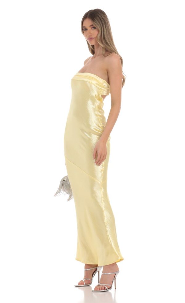 Strapless Satin Maxi Dress in Yellow - Image 3