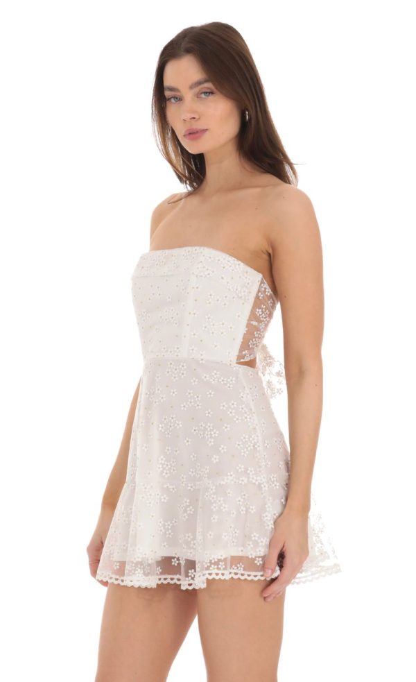Strapless Floral Shimmer Corset Dress in White - Image 3