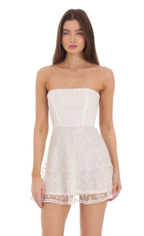 Strapless Floral Shimmer Corset Dress in White - Image 4