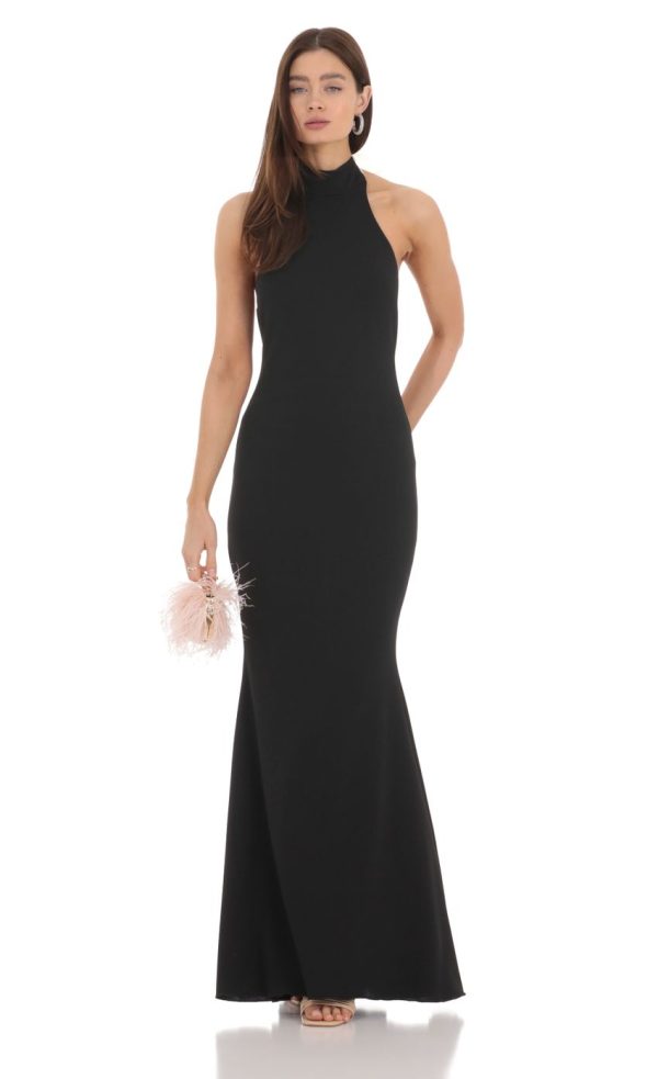 Mock Neck Bow Maxi Dress in Black - Image 2