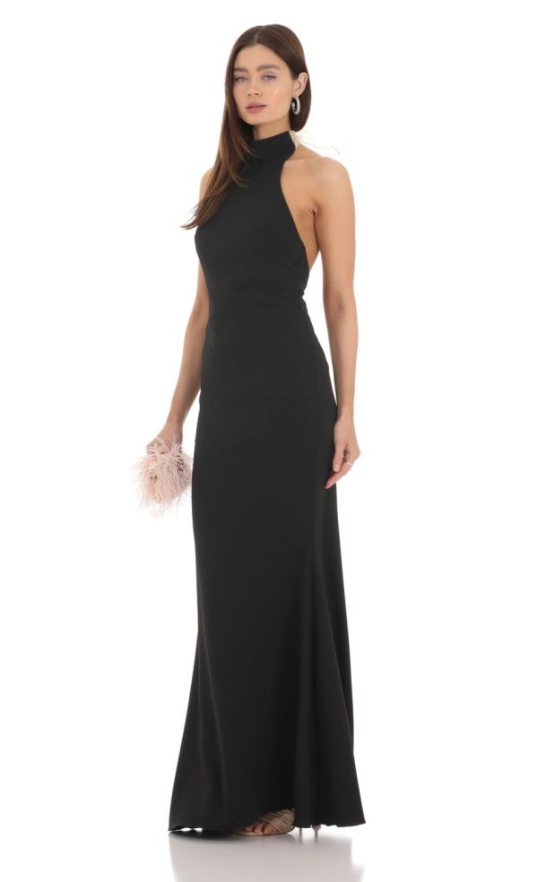 Mock Neck Bow Maxi Dress in Black - Image 3