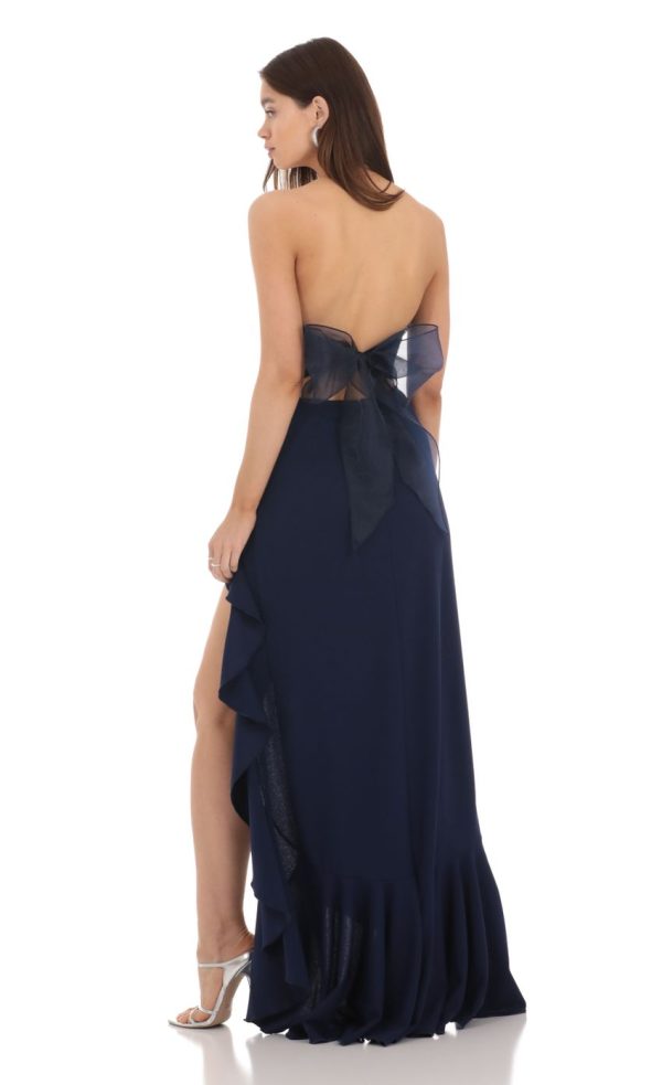 Strapless Back Bow Corset Maxi Dress in Navy - Image 3