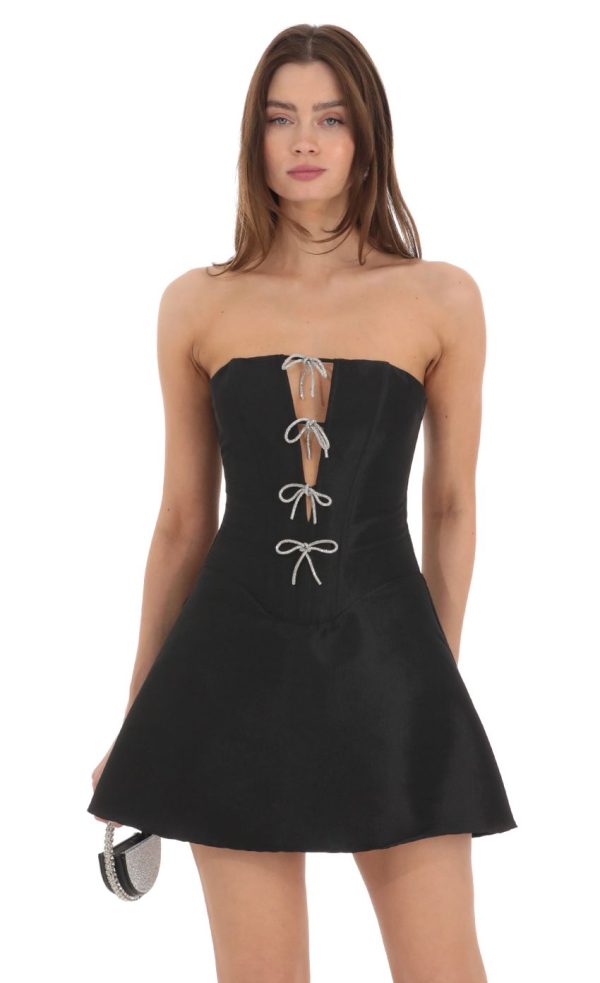 Strapless Rhinestone Bow Dress in Black - Image 4