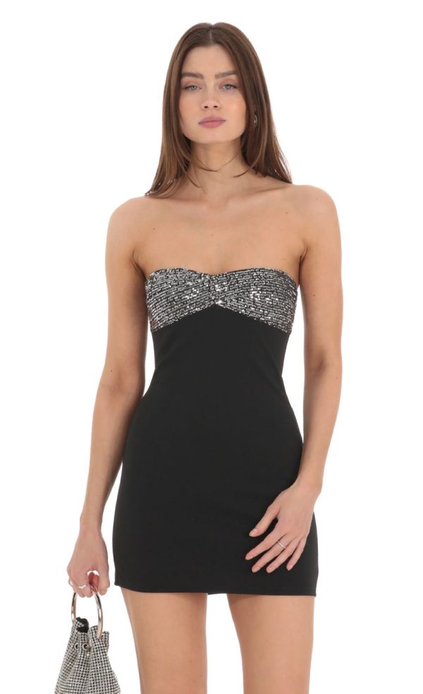 Strapless Sequin Bust Bodycon Dress in Black - Image 4