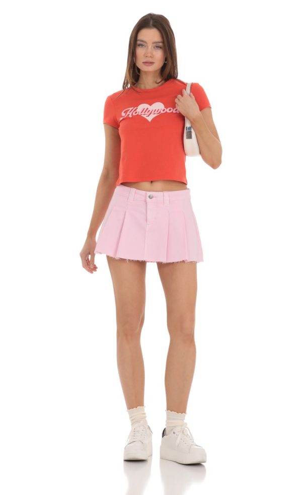 Pleated Denim Mini Skirt in Pink - Image 4