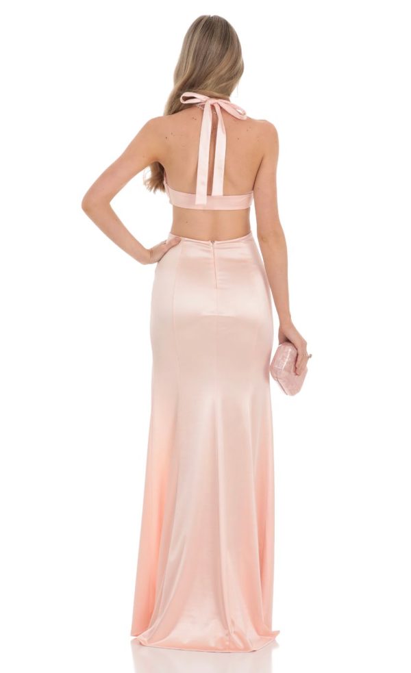 Satin Cutout Maxi Dress in Peach - Image 2