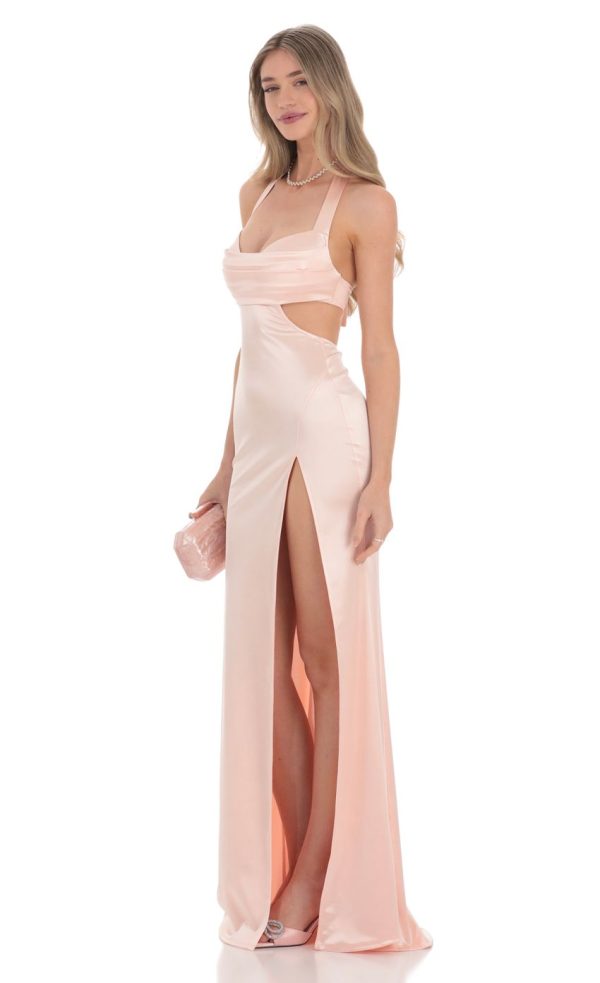Satin Cutout Maxi Dress in Peach - Image 3