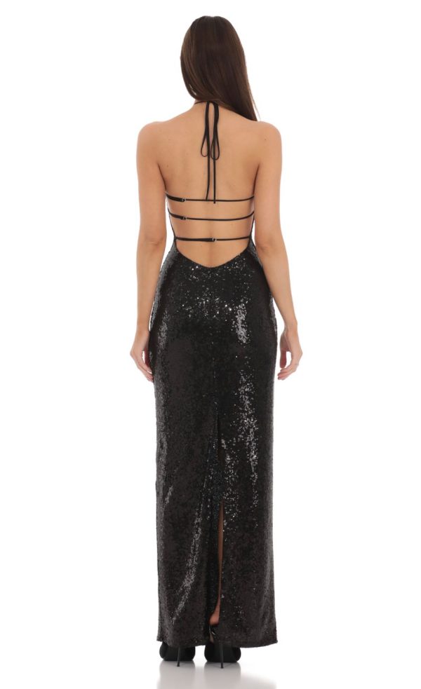 Sequin Halter Maxi Dress in Black - Image 2