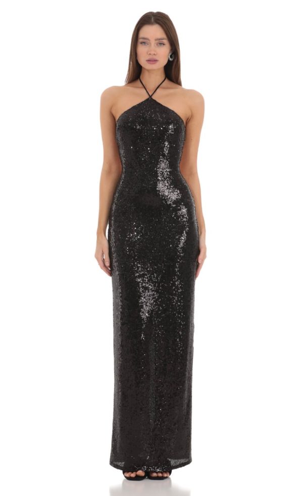 Sequin Halter Maxi Dress in Black - Image 3