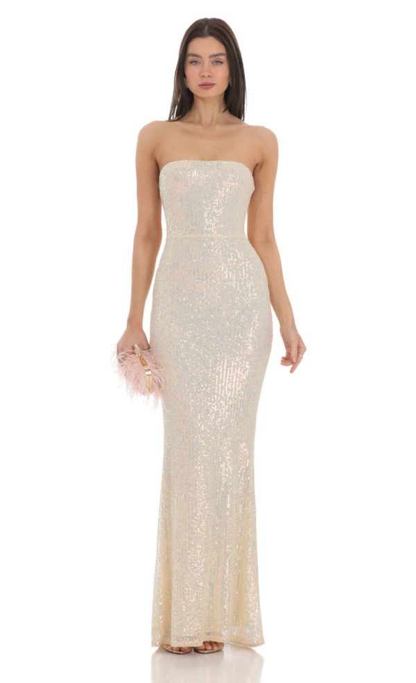 Iridescent Sequin Strapless Maxi Dress in Champagne - Image 2