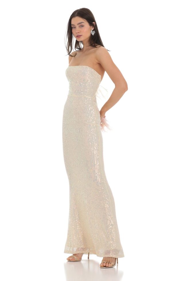 Iridescent Sequin Strapless Maxi Dress in Champagne - Image 3