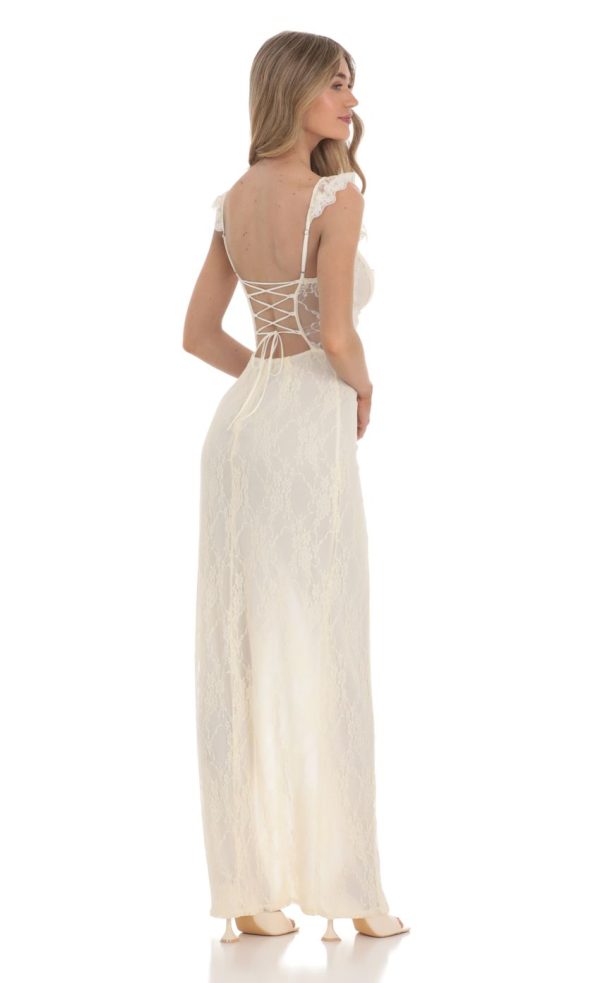 Lace Ruffle Sleeve Maxi Dress in Cream - Image 2
