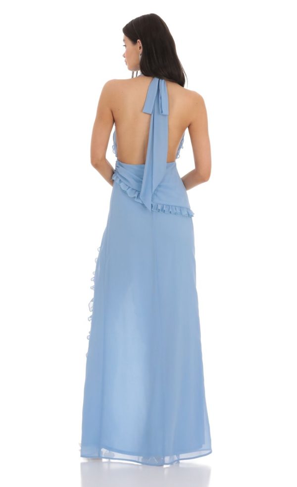 Plunge Neck Halter Dress in Blue - Image 2