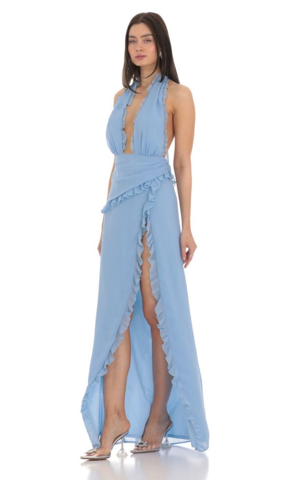 Plunge Neck Halter Dress in Blue - Image 3