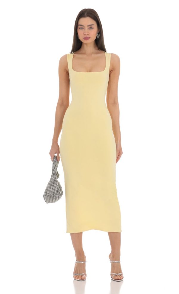 Square Neck Bodycon Midi Dress in Yellow