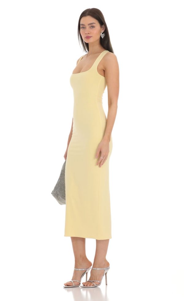 Square Neck Bodycon Midi Dress in Yellow - Image 3