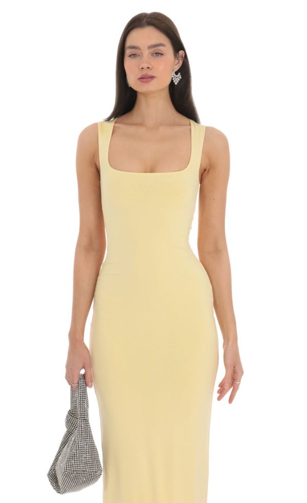 Square Neck Bodycon Midi Dress in Yellow - Image 4