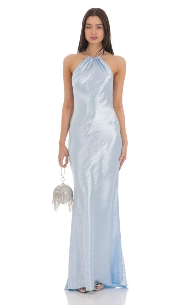 Rhinestone Satin Open Back Maxi Dress in Blue - Image 2