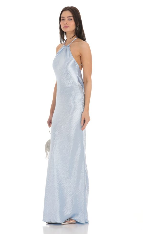 Rhinestone Satin Open Back Maxi Dress in Blue - Image 3