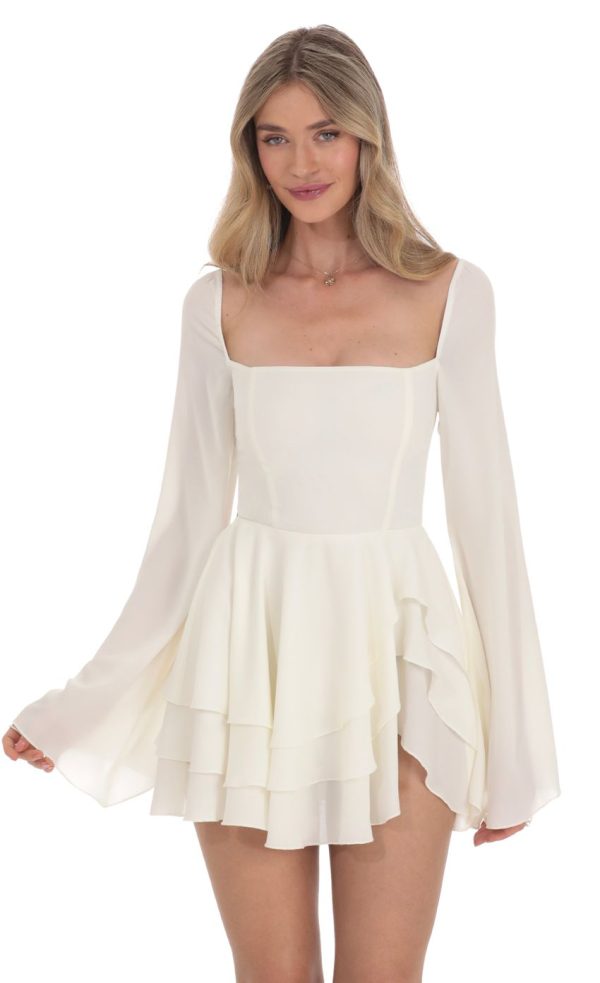 Flare Sleeve A-line Dress in White - Image 4
