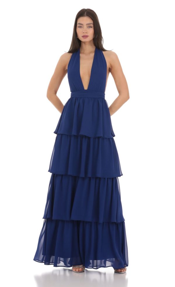 Chiffon Plunge Ruffle Dress in Blue