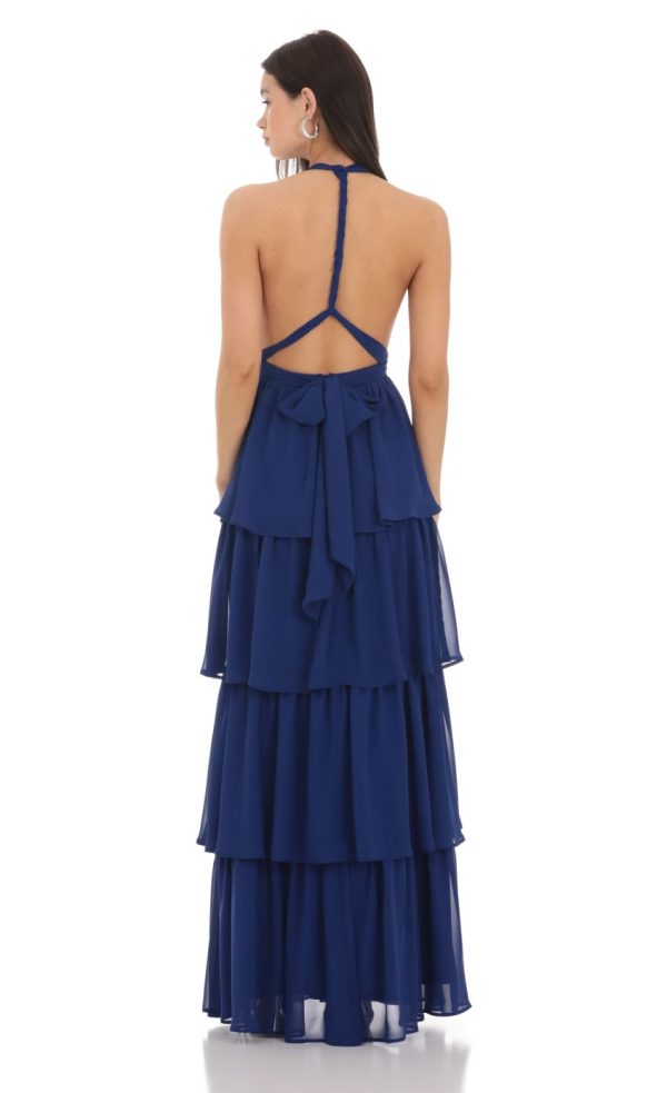 Chiffon Plunge Ruffle Dress in Blue - Image 2