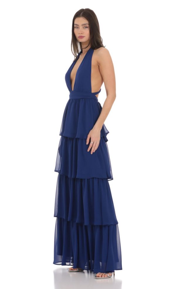 Chiffon Plunge Ruffle Dress in Blue - Image 3