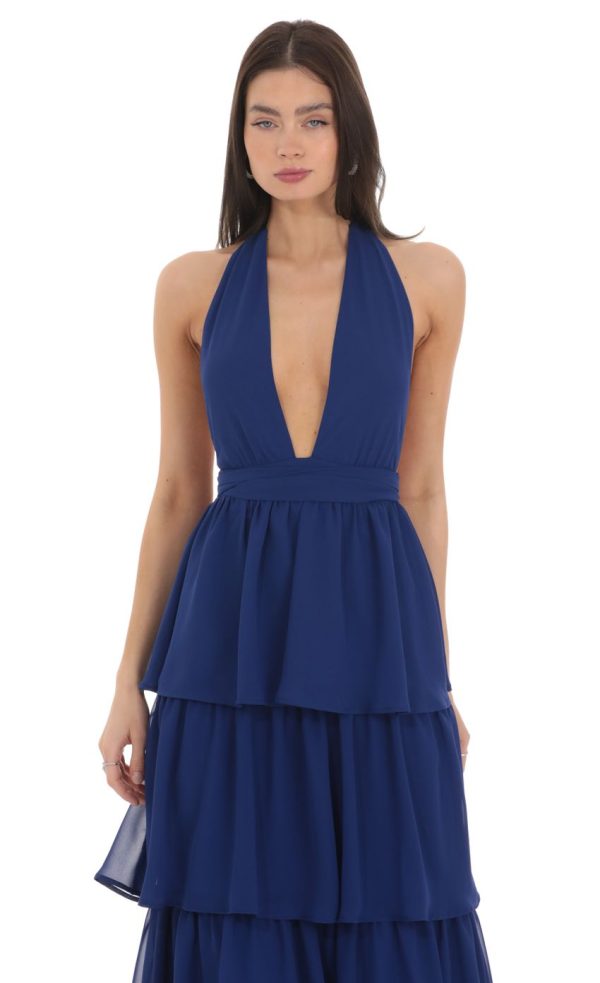 Chiffon Plunge Ruffle Dress in Blue - Image 4