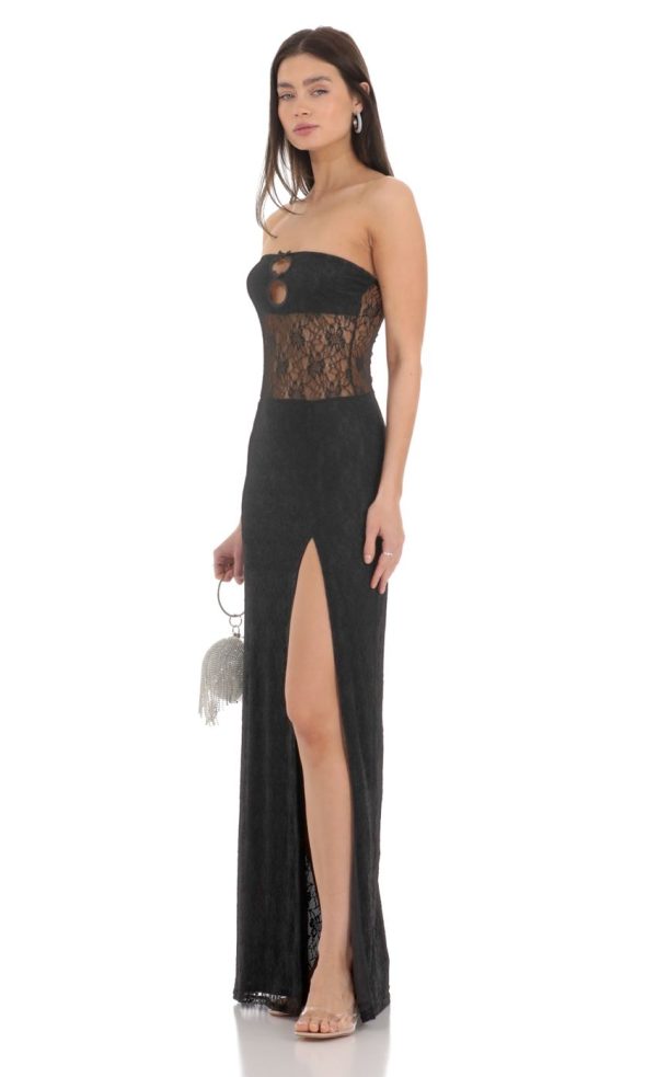 Lace Cutout Strapless Maxi Dress in Black - Image 3