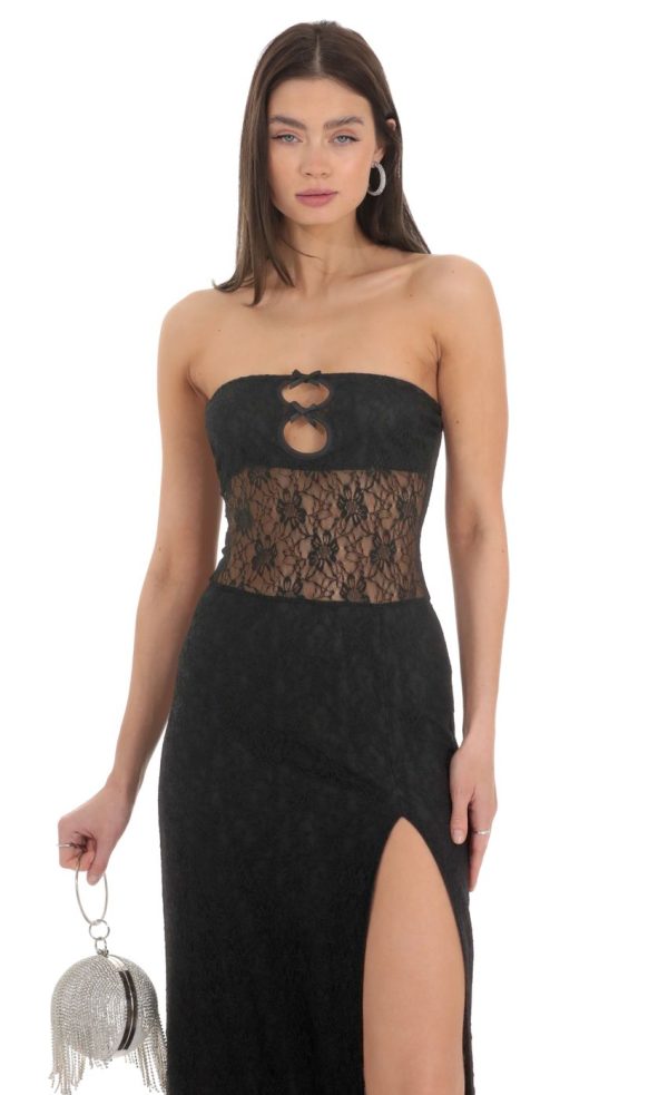 Lace Cutout Strapless Maxi Dress in Black - Image 4