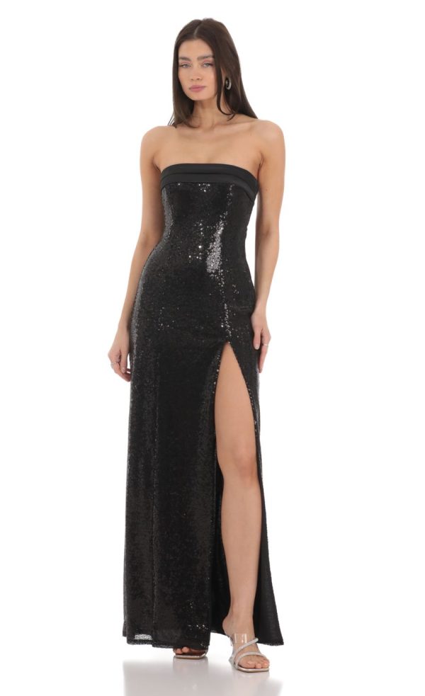 Sequin Satin Back Tie Maxi Dress in Black - Image 2