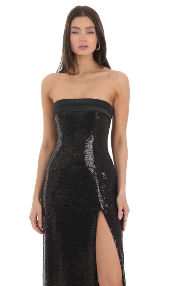 Sequin Satin Back Tie Maxi Dress in Black - Image 4