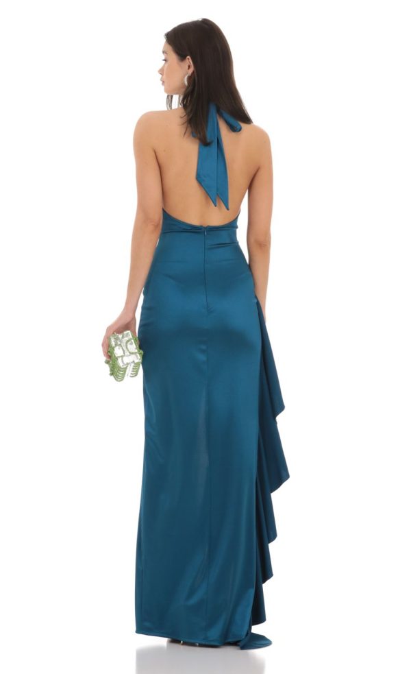Satin Plunge Neck Halter Maxi Dress in Peacock Blue - Image 3
