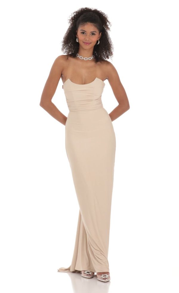 Strapless Corset Sequin Butterfly Maxi Dress in Beige - Image 2