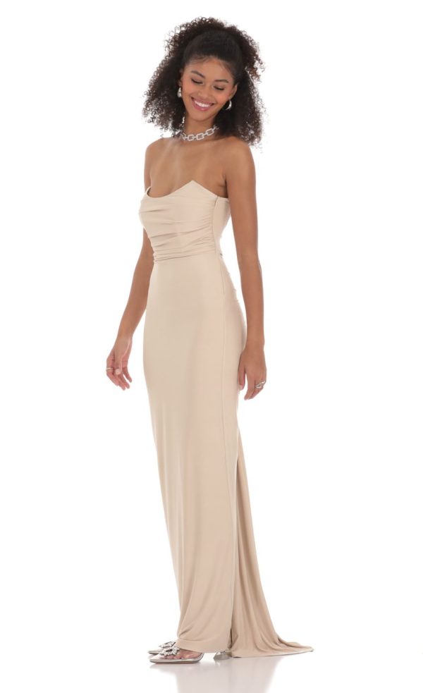 Strapless Corset Sequin Butterfly Maxi Dress in Beige - Image 3