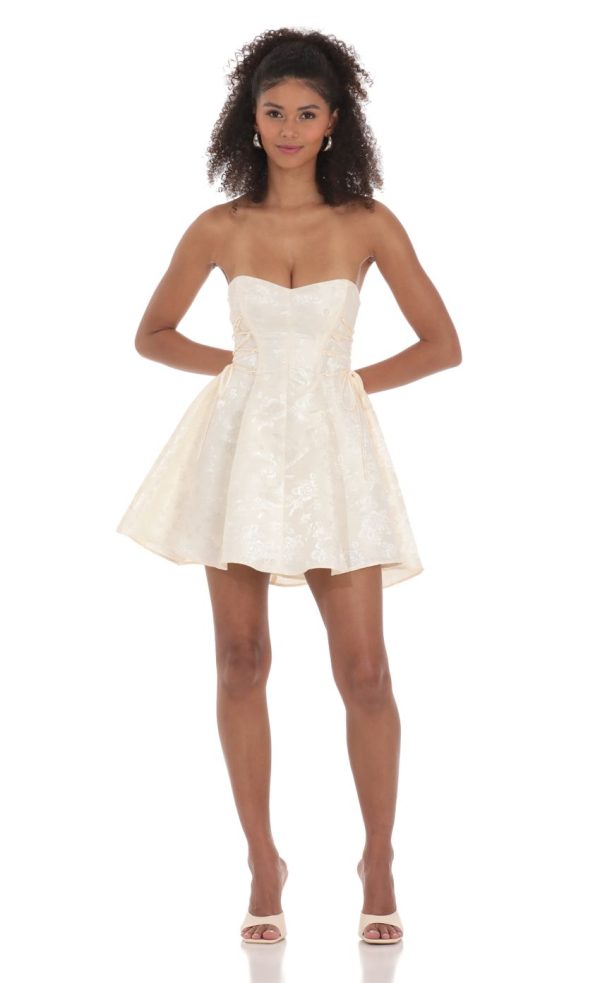 Strapless Jacquard A-Line Dress in Pale Yellow - Image 4