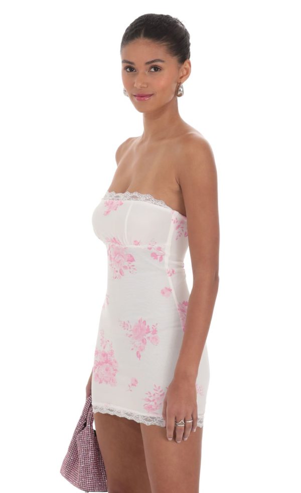 Mesh Floral Lace Strapless Bodycon Dress in White - Image 3