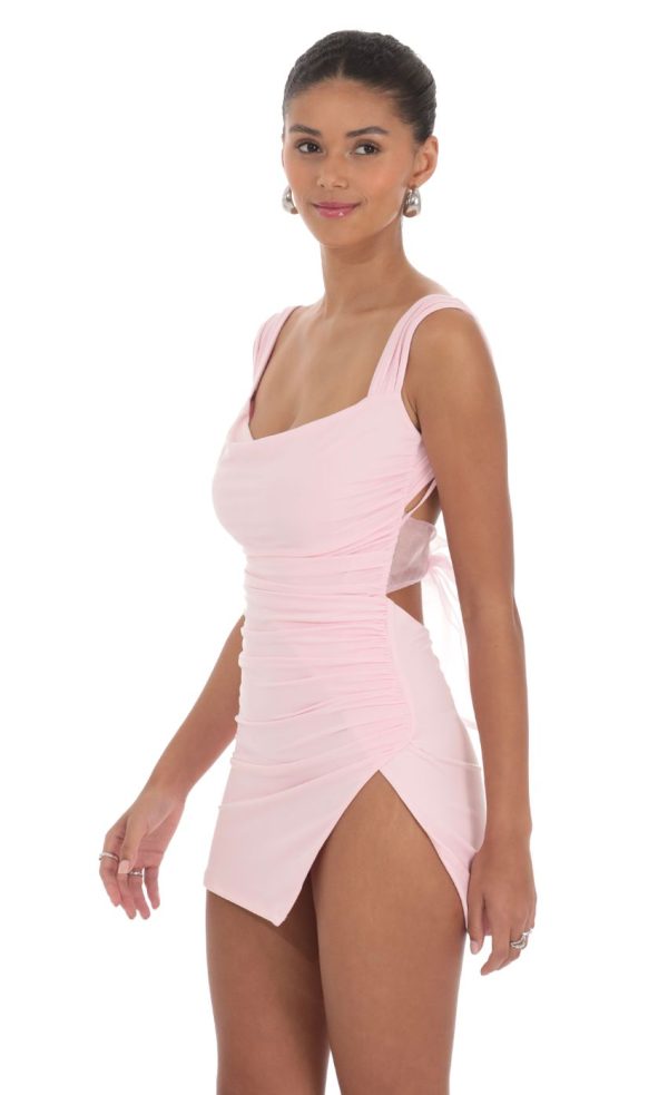 Tulle Back Bow Ruched Bodycon Dress in Pink - Image 3