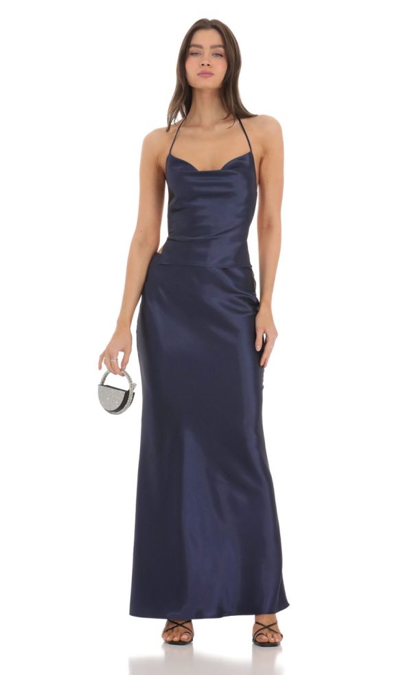 Satin Slip Two Piece Set in Navy - Image 2