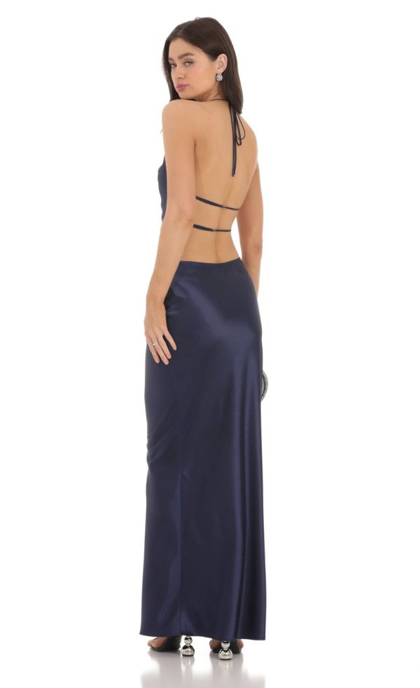 Satin Slip Two Piece Set in Navy - Image 3