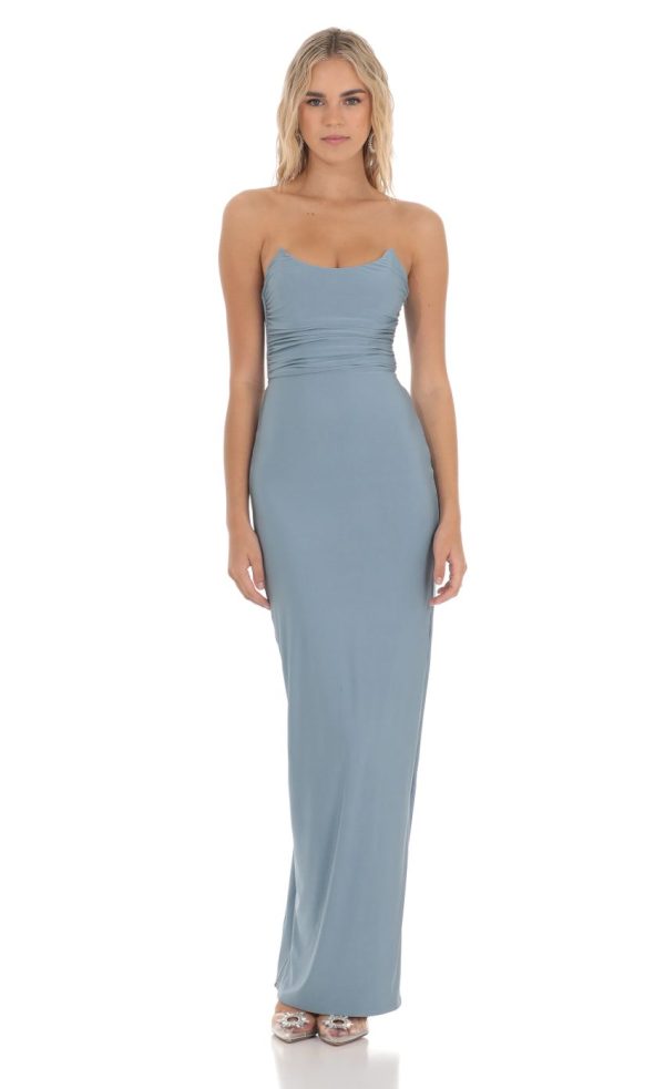 Strapless Corset Sequin Butterfly Maxi Dress in Blue - Image 2