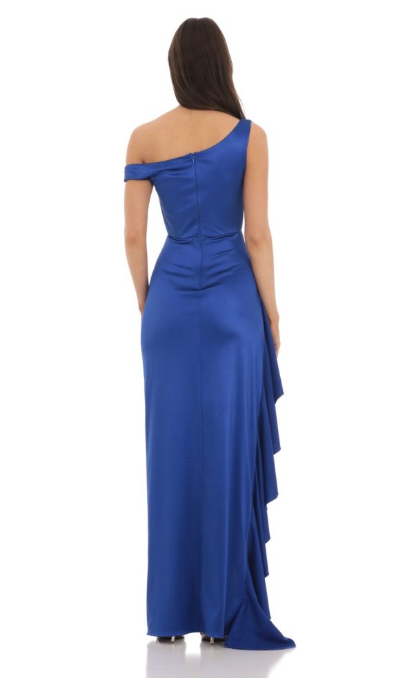 Satin Off Shoulder Maxi Dress in Blue - Image 2