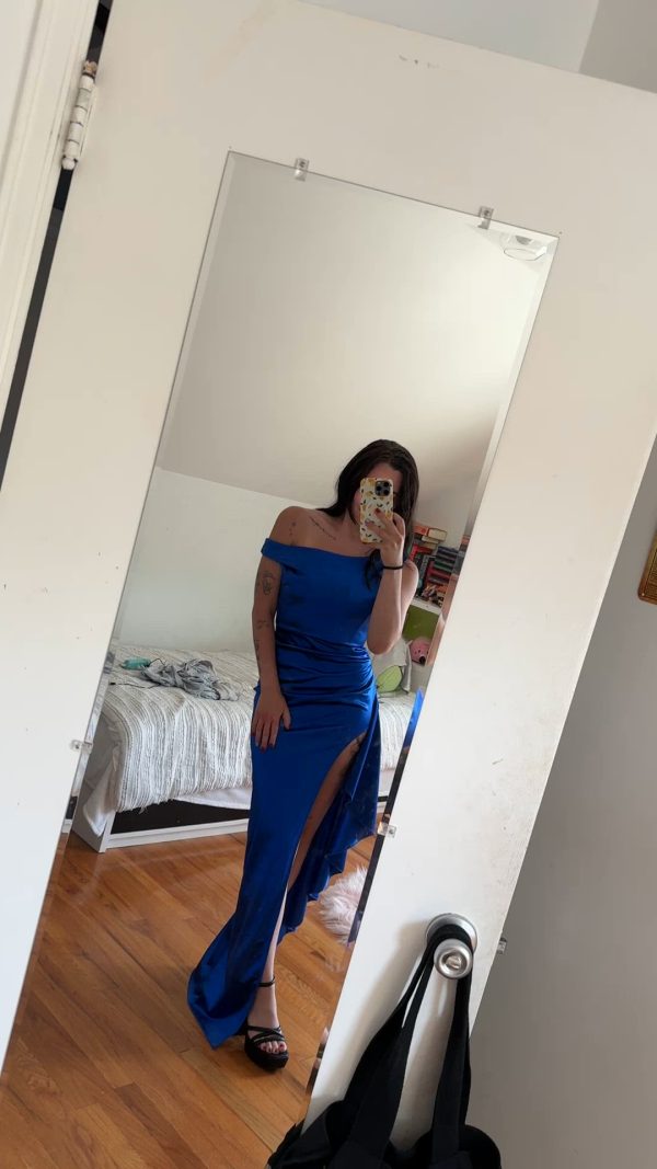 Satin Off Shoulder Maxi Dress in Blue - Image 7