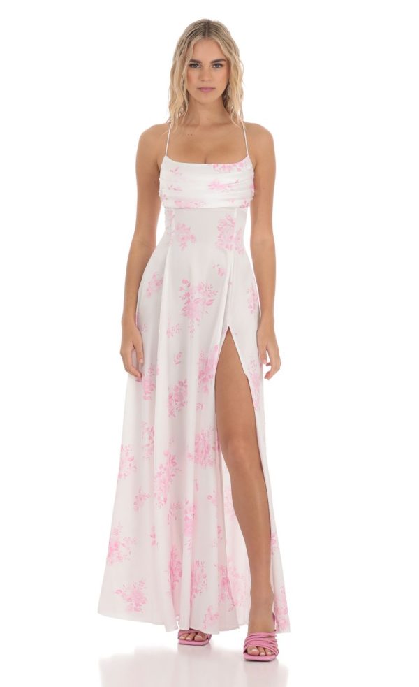 Satin Floral Maxi Dress in White