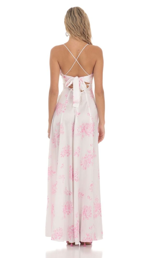 Satin Floral Maxi Dress in White - Image 2
